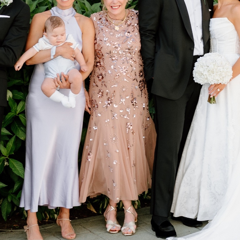 Adrianna Papell Floral Embellished Midi Dress Rose Gold